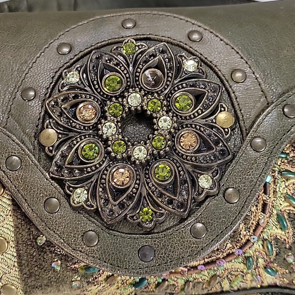 Christina Beaded Olive Green Embellished Shoulder Bag - Picture 2 of 14